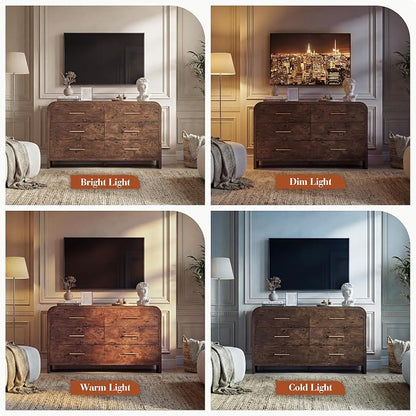 Curved 6-Drawer Dresser for Bedroom, 54" Wide Modern Chest of Drawers, Vanity Desk TV Stand for Living Room, Closet Storage Drawers Organizer Furniture, Nursery, Dark Burl