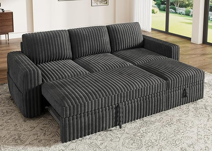 HONBAY Modular Sectional Sofa with Pull Out Bed,Corduroy L Shaped Sleeper Sofa with Storage, Sectional Couches for Living Room,Dark Grey