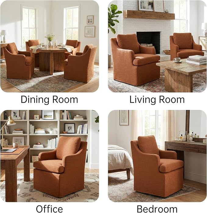 VKNOW Upholstered Dining Chairs Set of 2, Modern Kitchen Chairs Dinner Chairs with 4 Casters, Chenille Armchair for Bedroom Reading Room Living Room, Orange