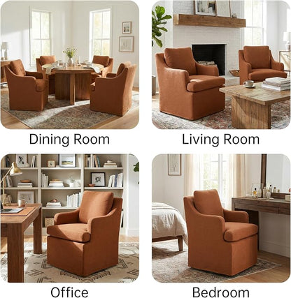VKNOW Upholstered Dining Chairs Set of 2, Modern Kitchen Chairs Dinner Chairs with 4 Casters, Chenille Armchair for Bedroom Reading Room Living Room, Orange