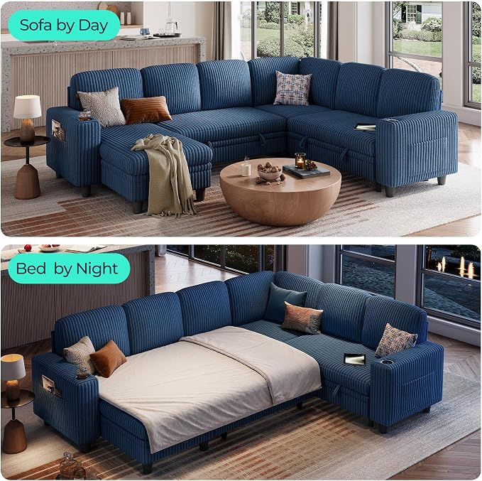 LINSY HOME Sectional Sofa with Pull Out Bed, 6 Seats Corduroy Reversible Sleeper Sofa with Storage Seats & Chaises, USB Ports, Cup Holders, Side Pocket, Sectional Couches for Living Room, Blue