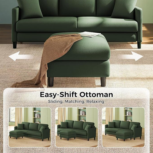 Welzona 83" Couches for Living Room, Teddy Sofa Couch with Storage Ottoman, L Shaped Couch with Movable Ottoman, Tool-Free Modular Sectional Sofa, All-Wood Sofas for Living Room 2 Pillows, Green