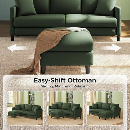Welzona 83" Couches for Living Room, Teddy Sofa Couch with Storage Ottomans, U Shaped Couch with Movable Ottomans, Tool-Free Modular Sectional Sofa, All-Wood Sofas for Living Room 2 Pillows, Green