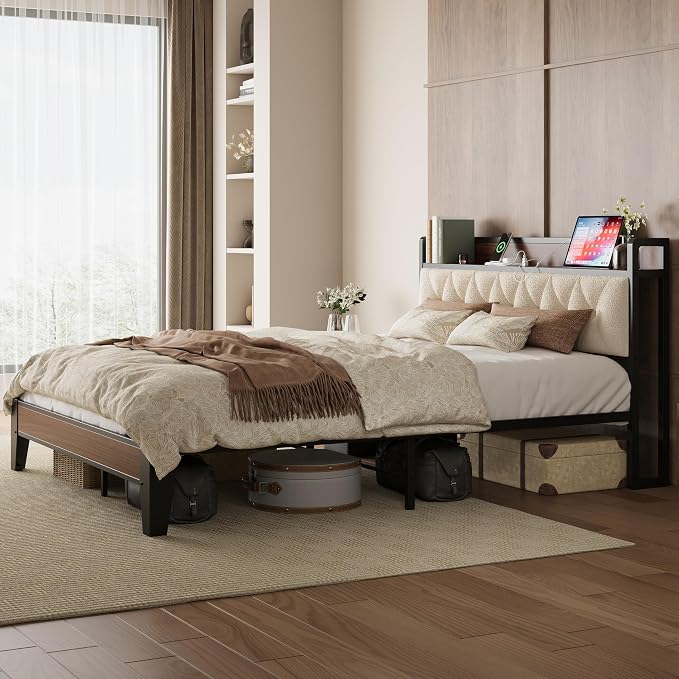 ANCTOR Queen Bed Frame with Storage Headboard & Charging Station, Metal Platform Queen Bed, Upholstered Tufted Headboard, Heavy Duty Slat Support, Noise Free, No Box Spring Needed, Walnut and Cream
