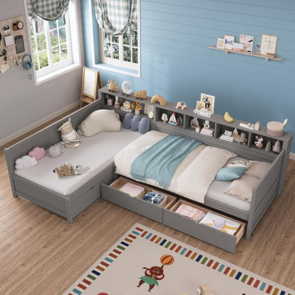 Bellemave L Shaped Corner Bed for 2 Kids, Double Twin Platform BedFrame with Storage Drawers and Shelves, Gray