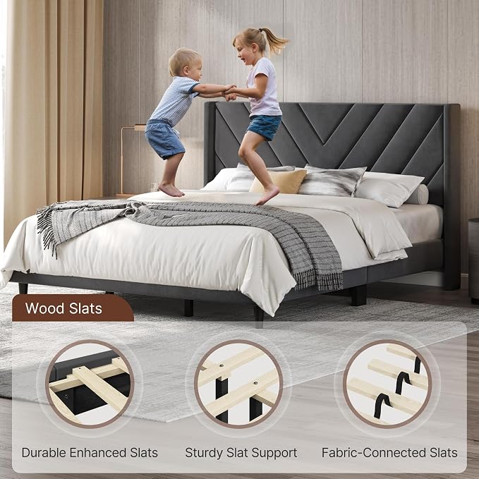 Yaheetech King Bed Frame Upholstered Platform Bed/Wooden Slat Support/Tufted Headboard with Wing Side/Mattress Foundation/No Box Spring Needed,Dark Gray King