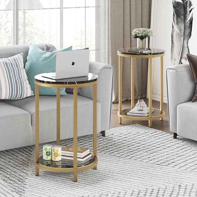 WiberWi Round Side Table Set of 2, Modern Nightstand End Table with Gold Metal Frame &Faux Marble Top, Accent Bedside Table for Living Room Bedroom Small Spaces with Storage Open Shelf,Black