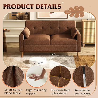 WLIVE 62" Loveseat Sofa, Mid Century Modern Small Couches for Living Room, Button Tufted Upholstered Couch for Bedroom, Solid Wood Frame, Easy to Install Furniture, Brown