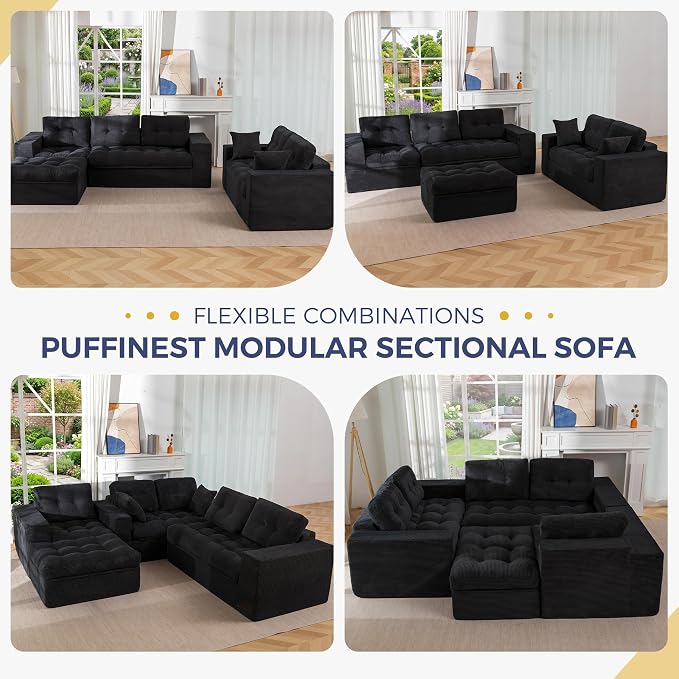 MAXYOYO Modular Sectional Sofa with Ottoman and Loveseat, Cloud Boneless Couch with Layered Cushion, Flexible Module Combination Sofa for Living Room, No Assembly Required,Black