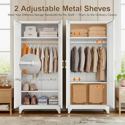 71" Louvered Metal Storage Cabinet with Doors and Shelves, White Steel Armoire Wardrobe Closet with Sturdy Hanging Rod for Home Office Bedroom, 18" Deep