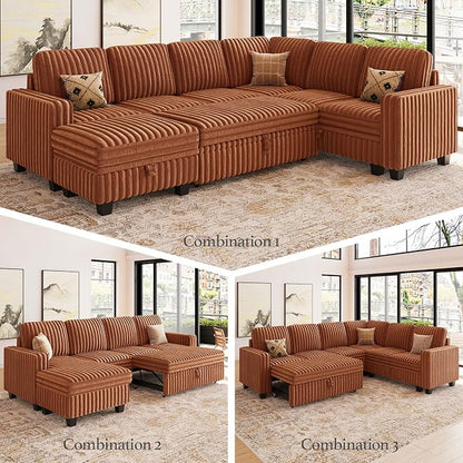 Belffin Corduroy Modular Sectional Sleeper Sofa with Pull Out Bed Small Sectional Couches with Storage for Living Room Apartment Couch. Brick-red Couch