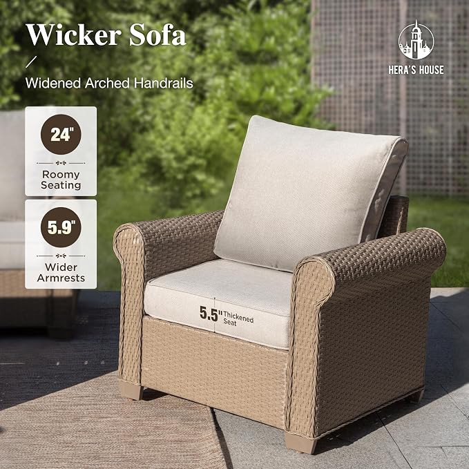 HERA'S HOUSE Patio Furniture Set, 4 x Cushioned Chairs, 3-Seat Sofa with Wood Grain Coffee Table, 5 Seats Luxury Windsor Style All Weahter Outdoor Sofa Conversation Set for Deck Lawn Backyard