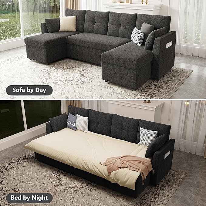 Huatean Home Oversized Sleeper Sofa Couch, 110 inch 2 in 1 Pullout Couch Bed with Side Pockets for Living Room, Sectional Sleeper Sofa Bed with Double Storage Chaise, Black