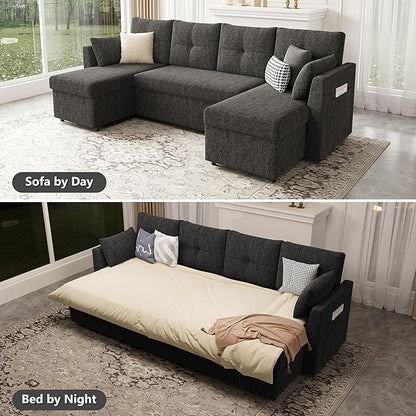 Huatean Home Oversized Sleeper Sofa Couch, 110 inch 2 in 1 Pullout Couch Bed with Side Pockets for Living Room, Sectional Sleeper Sofa Bed with Double Storage Chaise, Black