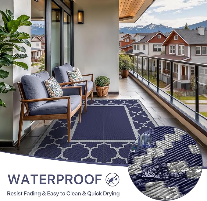 GENIMO Outdoor Rug 9' x 12' Patio Waterproof, Foldable Reversible Plastic Straw Area Rugs Mat for Camper Decor, Outside Carpet for Rv, Deck, Porch, Picnic, Beach, Balcony, Blue & Grey