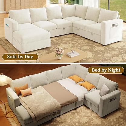 106.7" U-Shaped Modular Sectional Sofa with Pull-Out Bed & Storage, Modern 7-Seat Convertible Couch, Comfy L-Shape Sectional for Living Room, Apartment, Beige