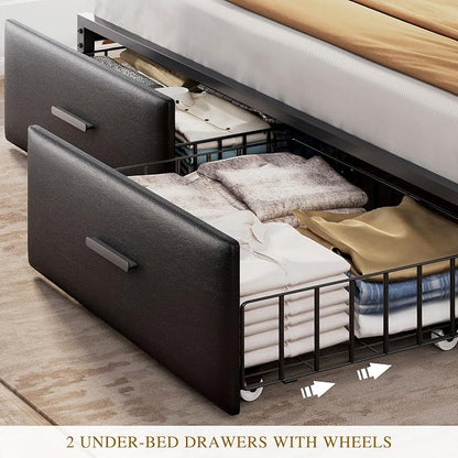 YITAHOME King Size with 2 Storage Drawers and Charging Station, Upholstered Bed with Storage Headboard and LED Light, Heavy Duty Metal Frame Support, No Box Spring Needed, Noise Free, PU Leather Black
