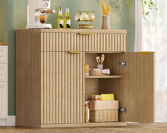 TEENFON 31.5" W Fluted Buffet Cabinet with Storage, Sideboard Cabinet, Coffee Bar Cabinet with 2 Doors and Adjustable Shelf for Living Room, Kitchen, Entryway, Natural