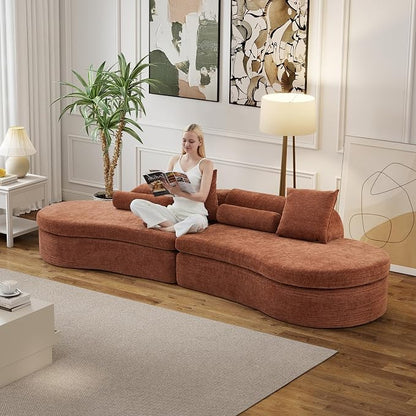 126" Curved Modular Sectional Sofa, Chenille Upholstered Cloud 4 Seater Couch for Living Room, No Assembly Modern Love Seat Sofa with 2 Bolster Pillows & 2 Square Pillows, High-Density Foam, Orange
