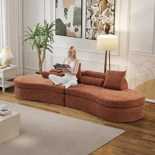 126" Curved Modular Sectional Sofa, Chenille Upholstered Cloud 4 Seater Couch for Living Room, No Assembly Modern Love Seat Sofa with 2 Bolster Pillows & 2 Square Pillows, High-Density Foam, Orange