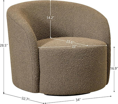 KINWELL 34" W Mid Century Modern Swivel Barrel Chair, Round Upholstered Boucle Swivel Accent Chairs, No Assembly Sofa Chair for Living Room Bedroom Reading Apartment Lounge Nursery(Teddy Brown)