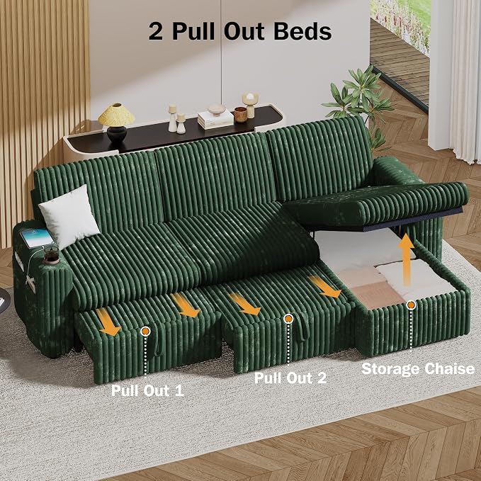 Sunny Heart 101" Plush Corduroy L Shaped Sectional Sleeper Sofa Bed with Pull Out Bed, Reclining Backrest, Reversible Storage Chaise, USB Ports, Cup Holders, Tool Free Assembly,Forest Green