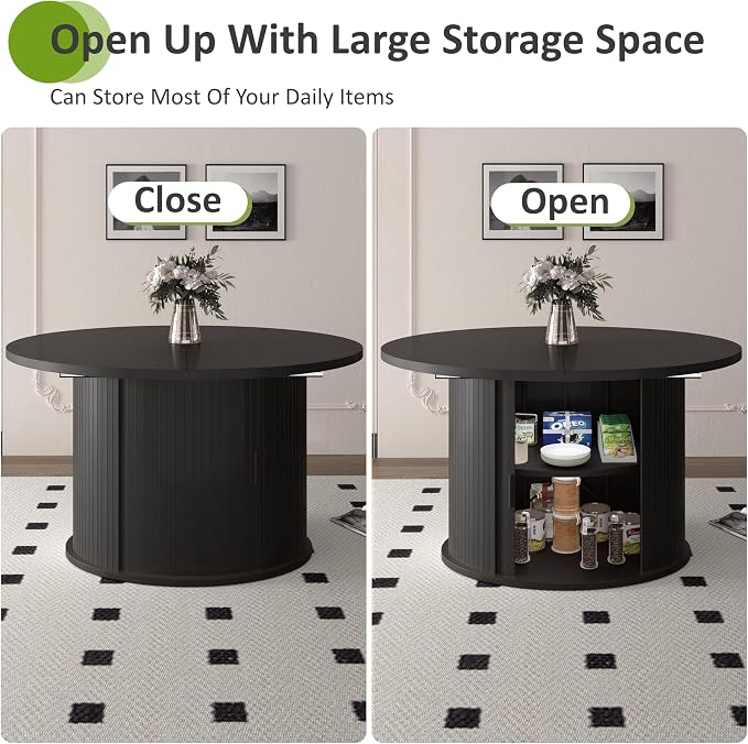 Dining Table for 4-6, 63“Extendable Round Dining Room Kitchen Table with 2-Tier Storage Shelf, Fluted Wood Table with Slide Door, Expandable Wood Oval Dinner Furniture with Pedestal Base (Black)