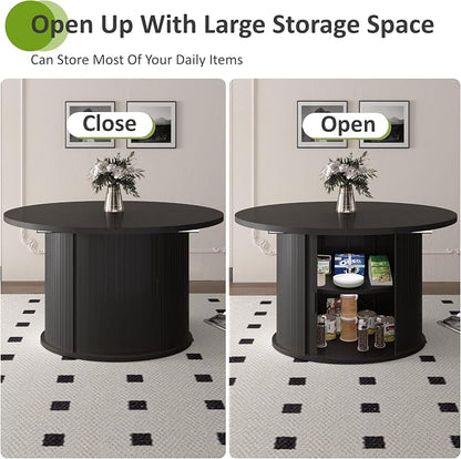 Dining Table for 4-6, 63“Extendable Round Dining Room Kitchen Table with 2-Tier Storage Shelf, Fluted Wood Table with Slide Door, Expandable Wood Oval Dinner Furniture with Pedestal Base (Black)