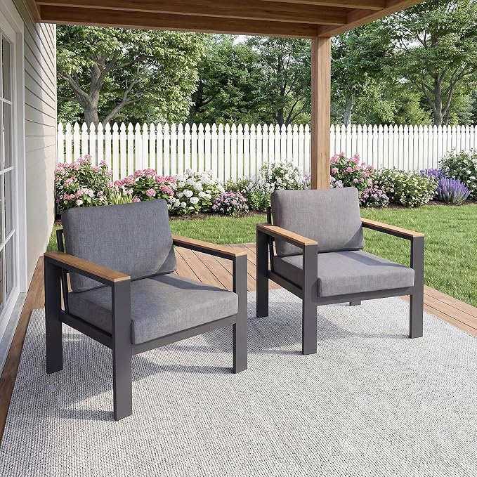 2 PCS Single Seat Aluminum Patio Chairs, Outdoor Furniture with 1.5mm Thick Powder-Coated Frame, Water Repellent Removable Cushions, Lightweight Single Chairs for Balcony Porch Backyard