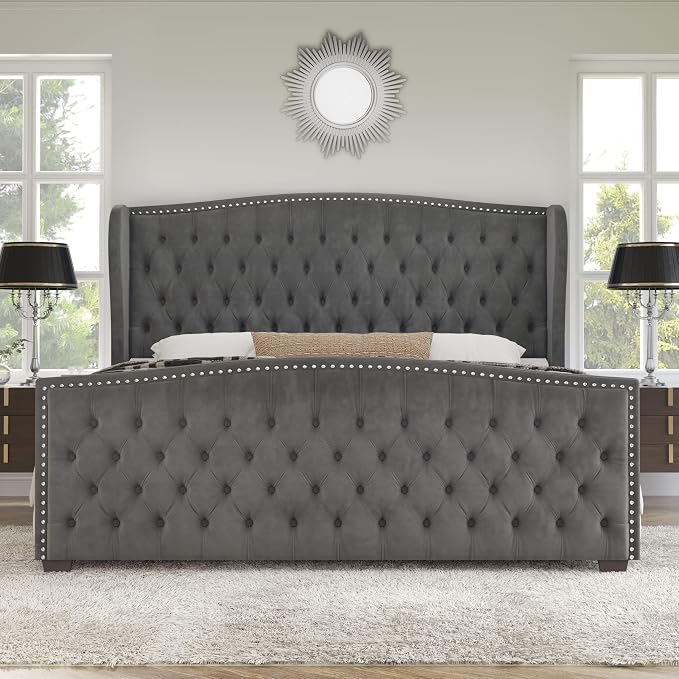 AMERLIFE California King Size Platform Bed Frame, Velvet Upholstered Bed with Deep Button Tufted & Nailhead Trim Wingback Headboard/No Box Spring Needed, Grey