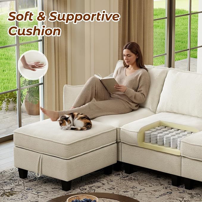 WorthFurni Modular Sectional Sofa L Shape Couches with Storage Ottoman and Washable Cushion Cover for Living Room, Apartment, Bedroom(Beige)