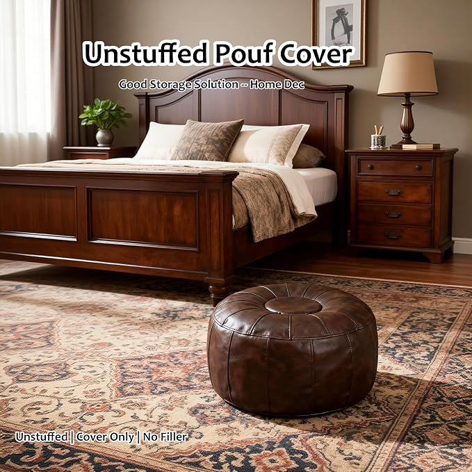 Thgonwid Unstuffed Moroccan Storage Pouf Foot Stool Ottoman Seat Handmade Faux Leather Bean Bag Floor Chair Foot Rest for Living Room, Bedroom or Balcony (Deep Coffee)