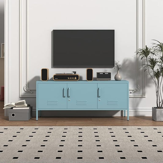 3 Door Lockable Metal TV Stand Storage Cabinet with Accent Cabinet Locker, Wide Heavy Duty Media Console for Large 100+ Inch TVs, Home Office Entertainment Center, Blue 22"H X 47.3"W X 13.8"D