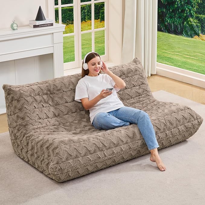 Hobestluk Giant Bean Bag Chair Faux Fur BeanBag Couch for Living Room | Brown Chevron, 3-Seater,Ergonomic Design,Memory Foam,Anti-slip Bottom,No Assembly Required,Decorative Style for Living Room