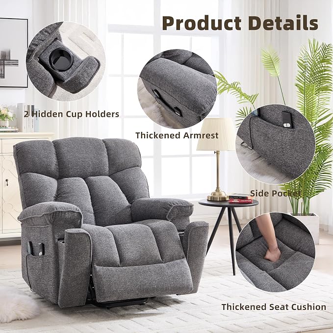 CANMOV Power Lift Recliner Chair for Elderly with Vibration Massage and Lumbar Heating, Overstuffed Electric Lift Chair with Side Pocket and 2 Cup Holders for Living Room,Dark Gray
