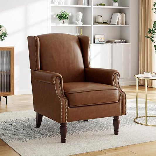 Pia Ricco High Back Floral Accent Chair - Retro Wingback Upholstered Armchair in Faux Leather, Nailhead Trim & Solid Wood Legs for Living Room Bedroom Reading Chair（Brown