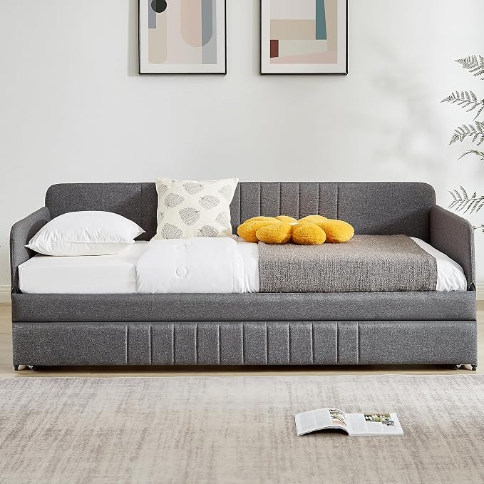 Twin Daybed with Trundle Bed Twin, Linen Upholstered Day Bed with Arm and Backrest, No Box Spring Needed Daybed, Twin Size Day Bed Gray