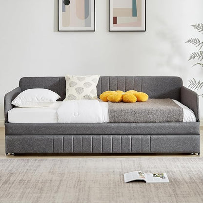 Twin Daybed with Trundle Bed Twin, Linen Upholstered Day Bed with Arm and Backrest, No Box Spring Needed Daybed, Twin Size Day Bed Gray