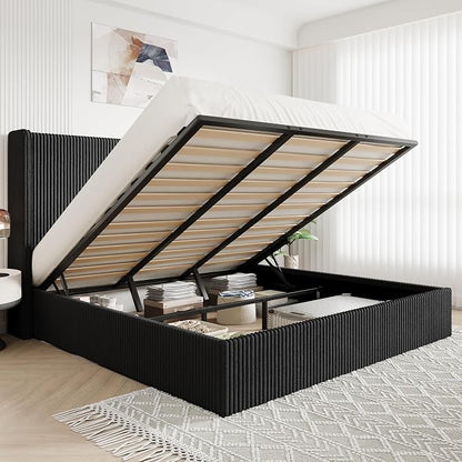 Allewie King Lift-Up Storage Bed Frame with Modern Wingback Headboard, Corduroy Upholstered Platform Bed, Hydraulic Gas Lift Support, Underbed Storage, Wooden Slats, No Box Spring Needed, Black