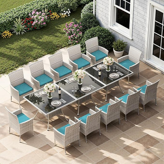 15-Piece Patio Dining Set, Patio Furniture Set with Square Tempered Glass Table & 12 Wicker Chairs, Expandable Design for Larger Groups, Outdoor Furniture for Backyard, Deck, Garden, Turquoise