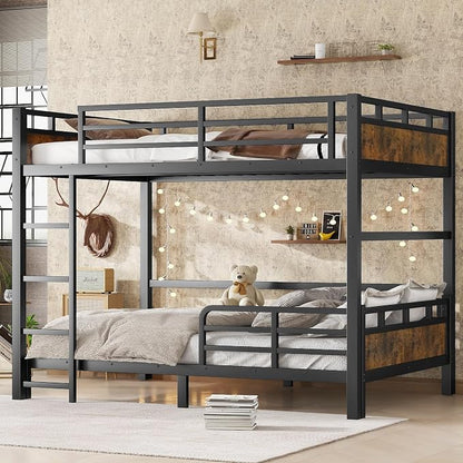 Full Over Full Metal Bunk Bed, Heavy Duty Convertible Bunk Bed Frame with Headboard & Full Guardrails, Can Be Split into Two Platform Beds or Loft Bed, Vintage