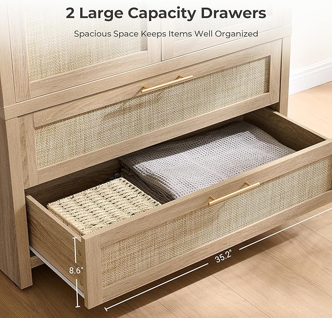 SICOTAS Rattan Armoire Wardrobe Closet Cabinet, 71" Wardrobe Storage Cabinet with 2 Drawers, and Hanging Rod, Boho Large-Capacity Deep Armoire Clothes Organizer for Bedroom, Cloak Room, Light Oak
