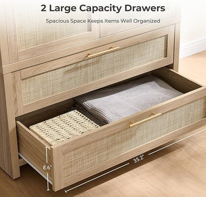 SICOTAS Rattan Armoire Wardrobe Closet Cabinet, 71" Wardrobe Storage Cabinet with 2 Drawers, and Hanging Rod, Boho Large-Capacity Deep Armoire Clothes Organizer for Bedroom, Cloak Room, Light Oak