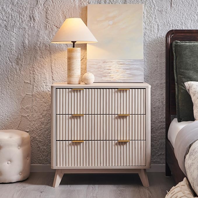 T4TREAM Fluted 3 Drawers Nightstand Set of 2, Oversized Extra Large Modern Side Table, End Table Bedside for Bedroom, Living Room, Curved Profile Design, White Alder