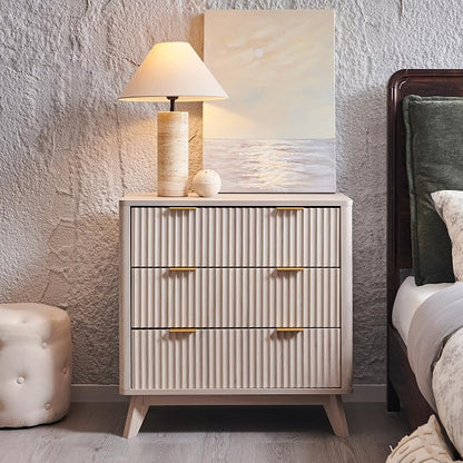 T4TREAM Fluted 3 Drawers Nightstand Set of 2, Oversized Extra Large Modern Side Table, End Table Bedside for Bedroom, Living Room, Curved Profile Design, White Alder