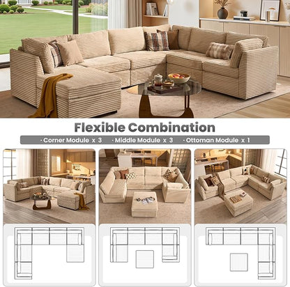 ovios Modular Sectional Sofa Couch with Sofa Bed U-Shape Chaise, Comfy Plush Corduroy Cloud Couches, Modern Luxury Deep Seat Sofas Set for Living Room, 7-Seater, Beige