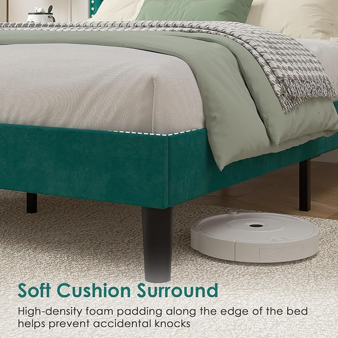 VECELO Queen Size Platform Bed Frame with Height Adjustable Upholstered Headboard, Modern Mattress Foundation,Strong Wood Slat Support, No Box Spring Needed, Easy Assembly,Dark Green