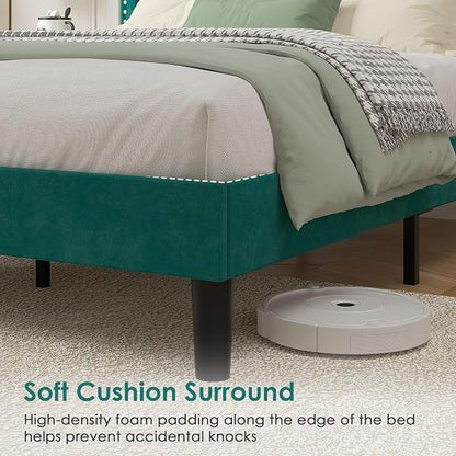 VECELO Queen Size Platform Bed Frame with Height Adjustable Upholstered Headboard, Modern Mattress Foundation,Strong Wood Slat Support, No Box Spring Needed, Easy Assembly,Dark Green