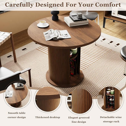 Wildhome Round Dining Table for 2-3, 31 Inch Dining Room Kitchen Table with 2-Tier Storage Shelf & Wine Rack, Modern Farmhouse Fluted Wood Slide Door Dinner Furniture,Circle(Non scalable-32 In-Walnut)