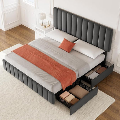 IDEALHOUSE Queen Upholstered Bed Frame with 4 Storage Drawers, Adjustable Headboard and Wooden Slats Support, No Box Spring Needed, Grey